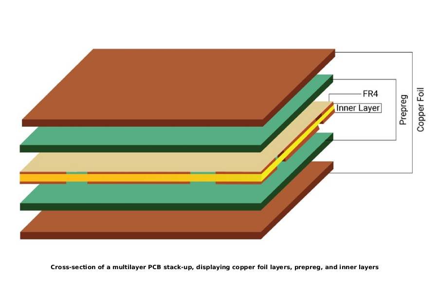Cross-sectional diagram of multilayer PCB with copper foil inlay, illustrating layering for rigid and flexible PCBs in advanced electronic assembly.
