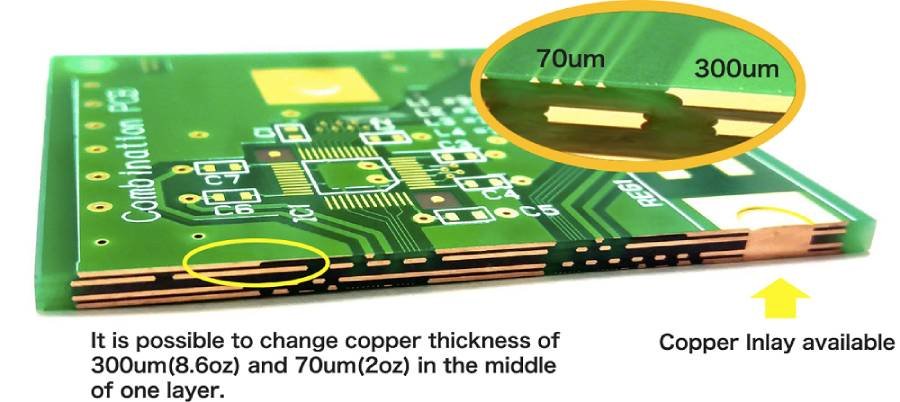 Detailed view of electrolytic copper foil thickness in PCB manufacturing, highlighting 70um and 300um layers on a printed circuit board for optimal conductivity and signal flow.