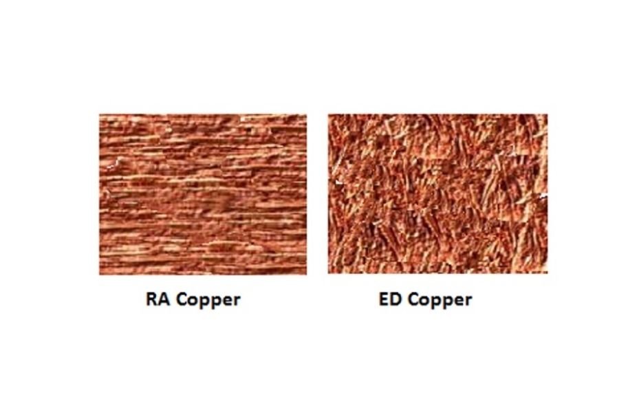 Comparison of RA Copper and ED Copper textures, showing RA Copper on the left with a smoother, horizontal grain structure and ED Copper on the right with a rougher, vertical grain structure, used in PCB manufacturing by JHYPCB.
