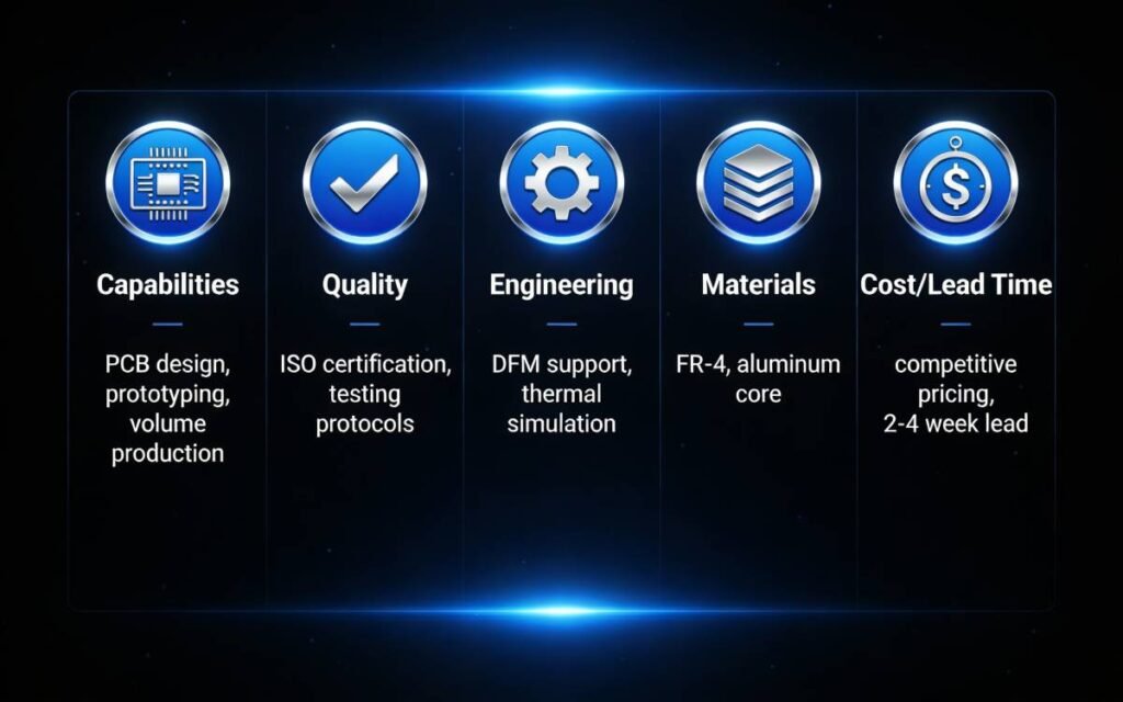 Infographic showing key criteria for choosing a reliable LED PCB manufacturer including technical capabilities, quality certifications, engineering DFM/DFT support, materials sourcing, and cost/lead time comparison with LED circuit board icons and checklist elements.