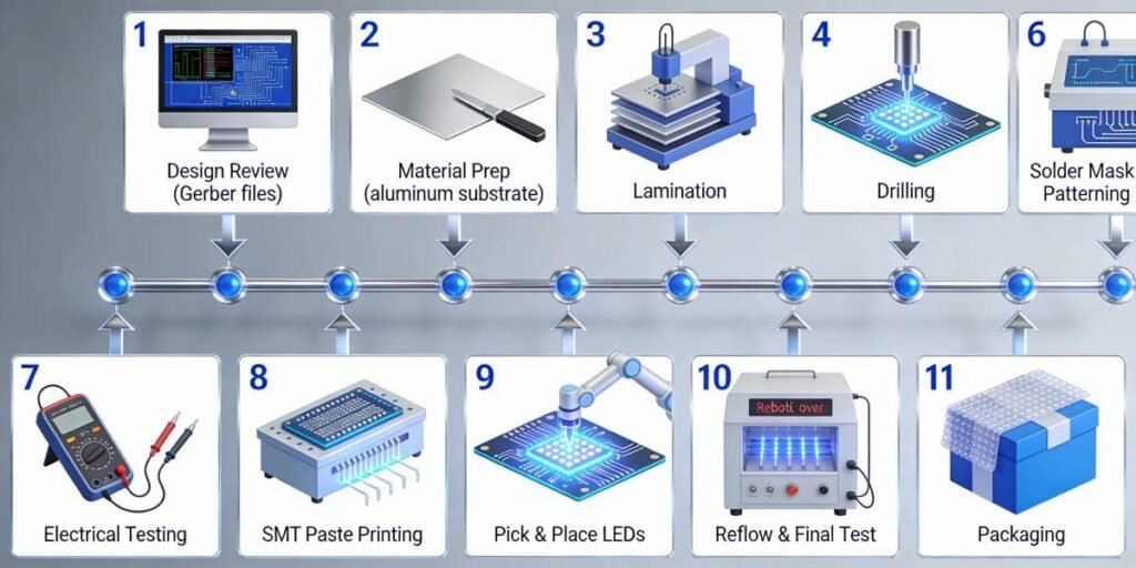 led pcb manufacturing and assembly process horizontal flowchart