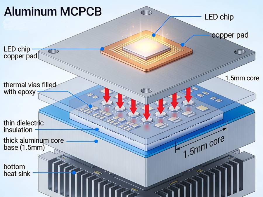 technical cross section diagram of an aluminum mcpcb for led