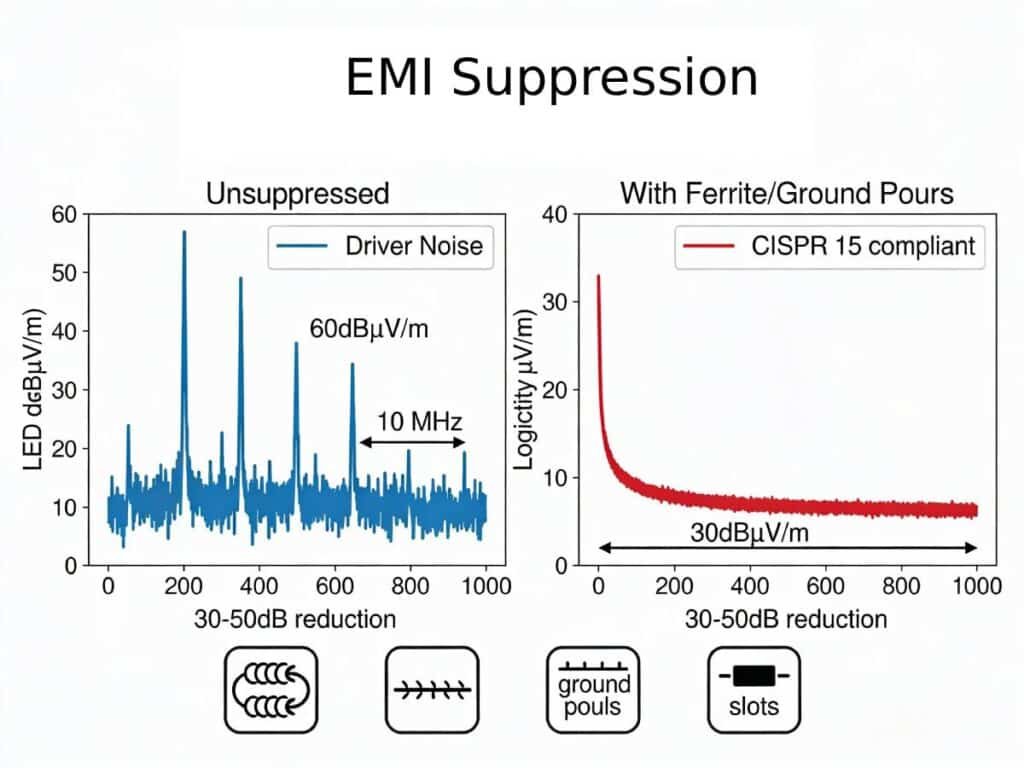EMI spectrum analyzer graph before/after suppression on LED PCB - peaks reduced 60dBμV/m to CISPR 15 compliant