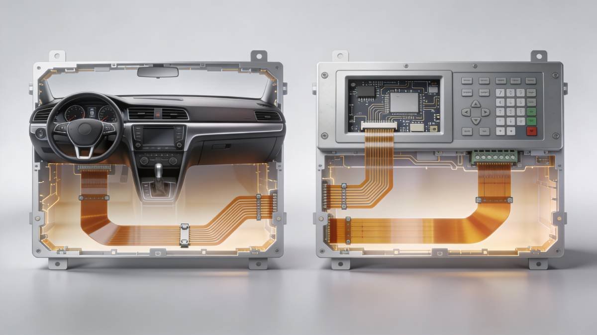 automotive dashboard and industrial control panel using single-sided flexible PCBs to connect modules in harsh environments
