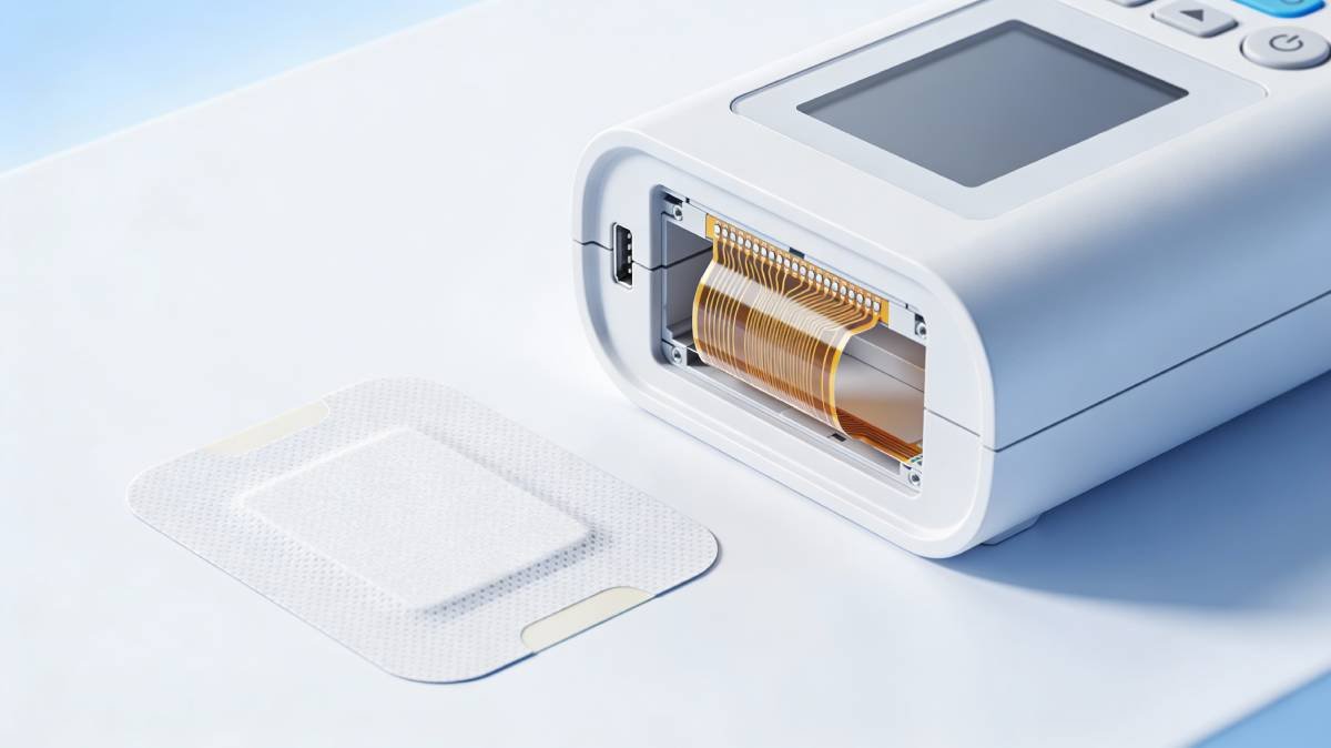 medical monitoring device and disposable sensor patch showing internal single-sided flexible PCBs for reliable healthcare electronics