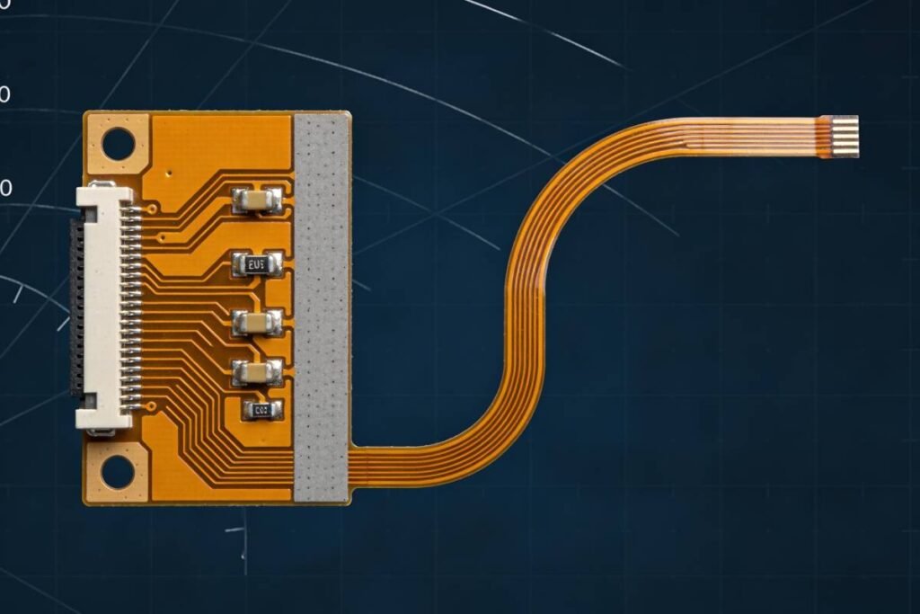single-sided flexible PCB with a connector mounted on an FR4 stiffener at one end and a thin flex tail bending freely at the other end