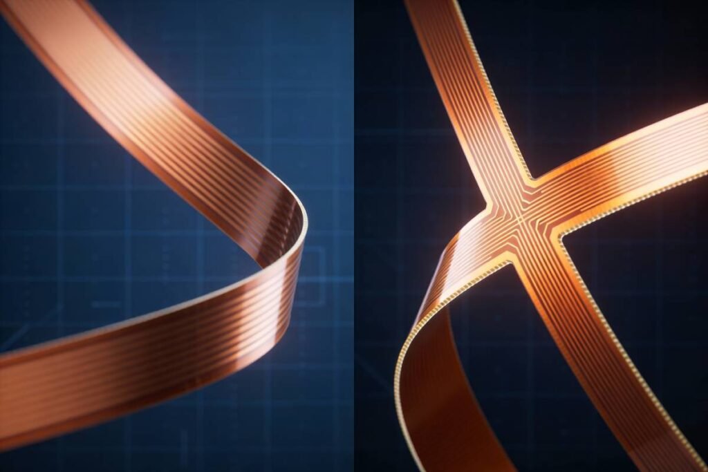 single-sided flexible PCB strip with traces routed parallel to the bend in one zone and perpendicular to the bend in another zone