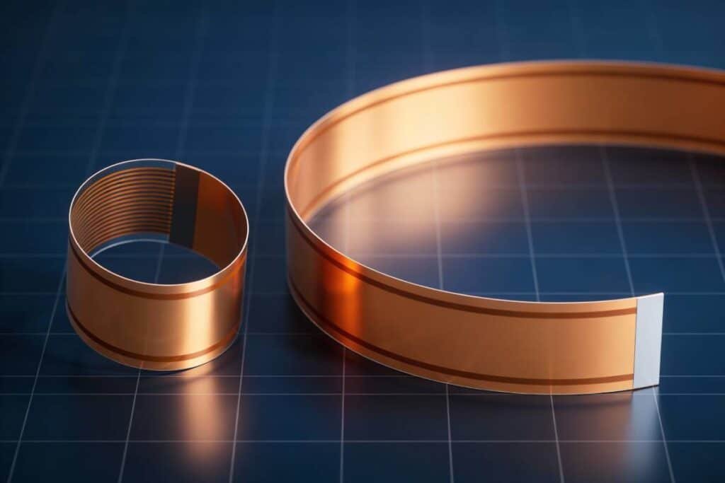 single-sided flexible PCB strip showing a tight small bend radius on one side and a gentle large bend radius on the other side