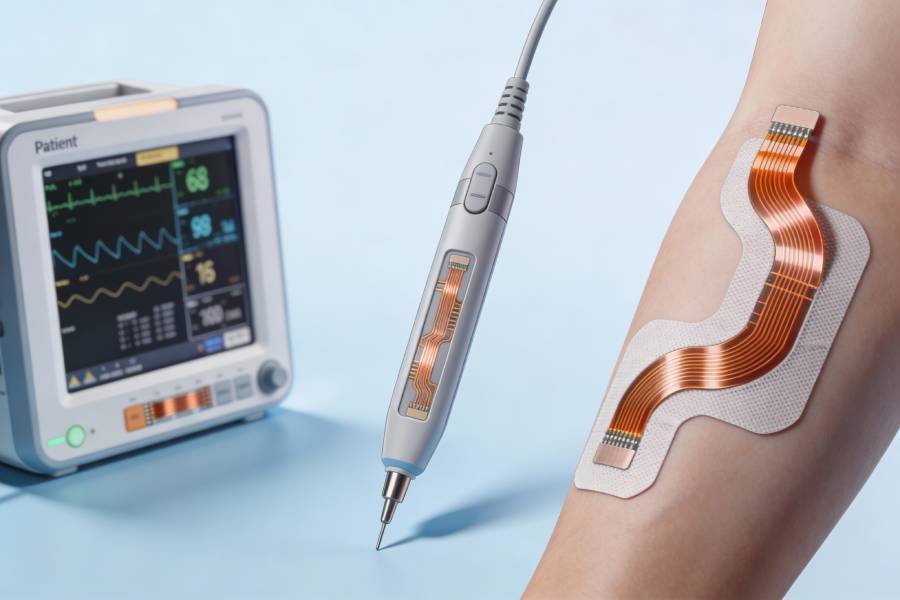 Medical devices and healthcare equipment using double-sided flex PCBs in patient monitors, diagnostic probes and wearable health sensors