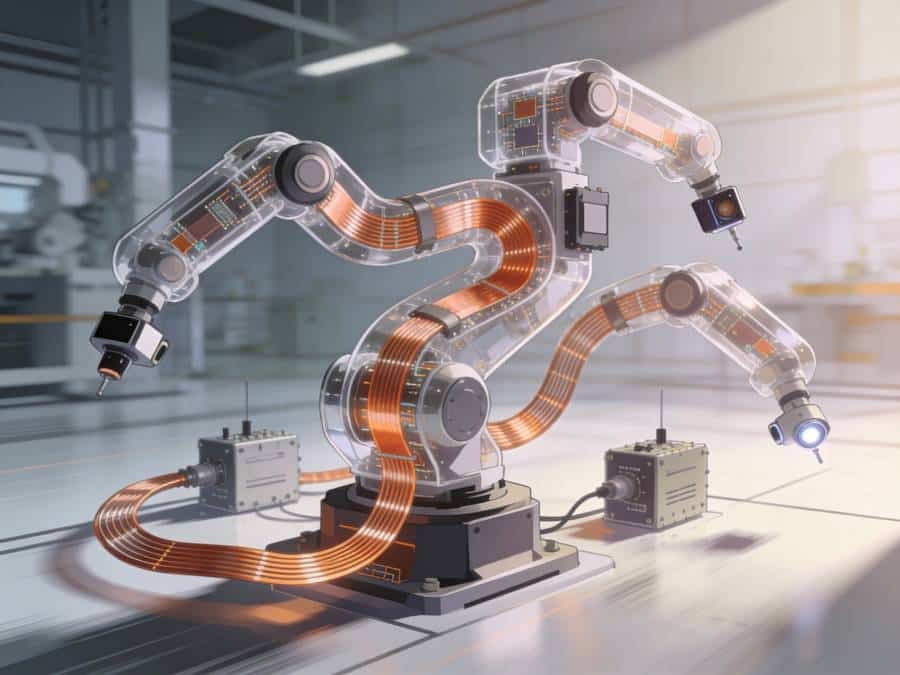 Flexible PCB prototypes in industrial robotics including robotic arm joints and motion control systems with bendable circuits