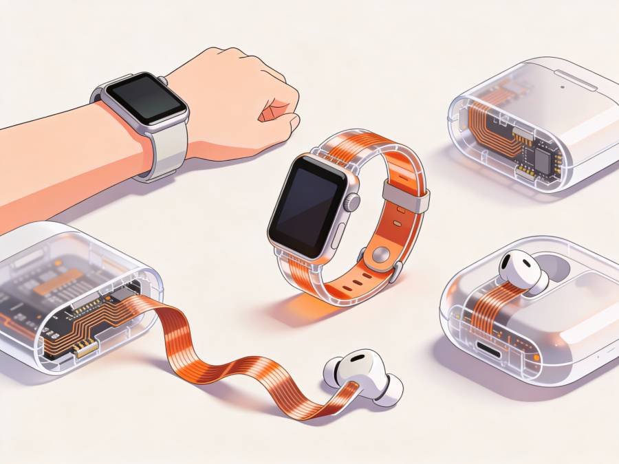 Flexible PCB prototypes in wearable devices including smartwatch, fitness tracker and wireless earbuds with bendable circuits