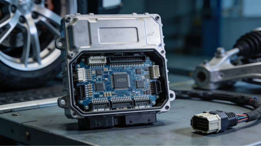 Automotive or EV electronic control module with exposed HDI PCB showing dense components and connectors for reliable vehicle electronics.