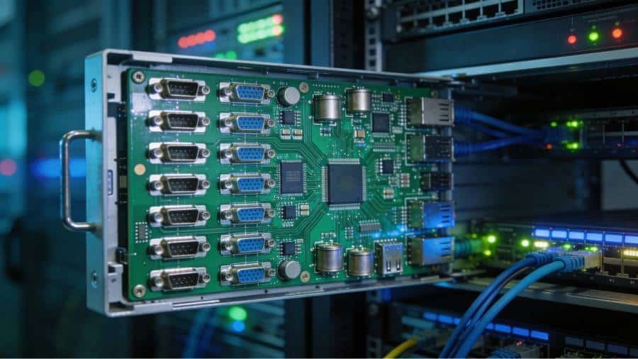 High-speed networking or 5G communication board with HDI PCB inside a rack unit, featuring dense connectors and ICs for advanced signal integrity.