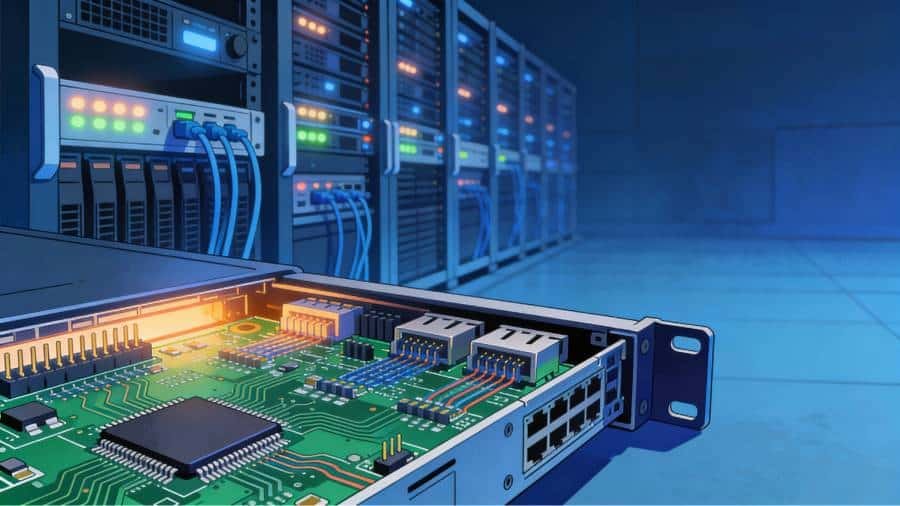 High Tg PCB in a network switch or server blade inside telecom and data center racks