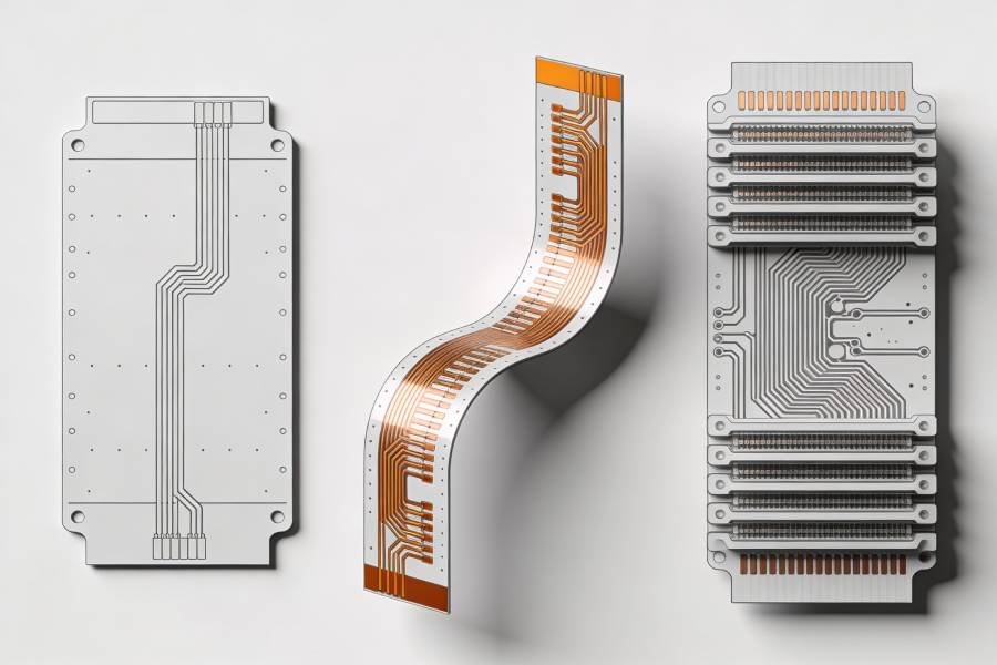 Comparison of single-sided, double-sided and multilayer flex PCBs illustrating different routing density, layer count and design complexity
