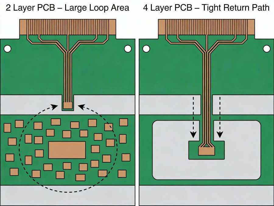 Illustration of signal return paths on a 2 layer PCB versus a 4 layer PCB, showing a large spread-out current loop over fragmented ground on the two-layer board and a tight return path over a continuous inner ground plane on the four-layer board for better EMI performance.
