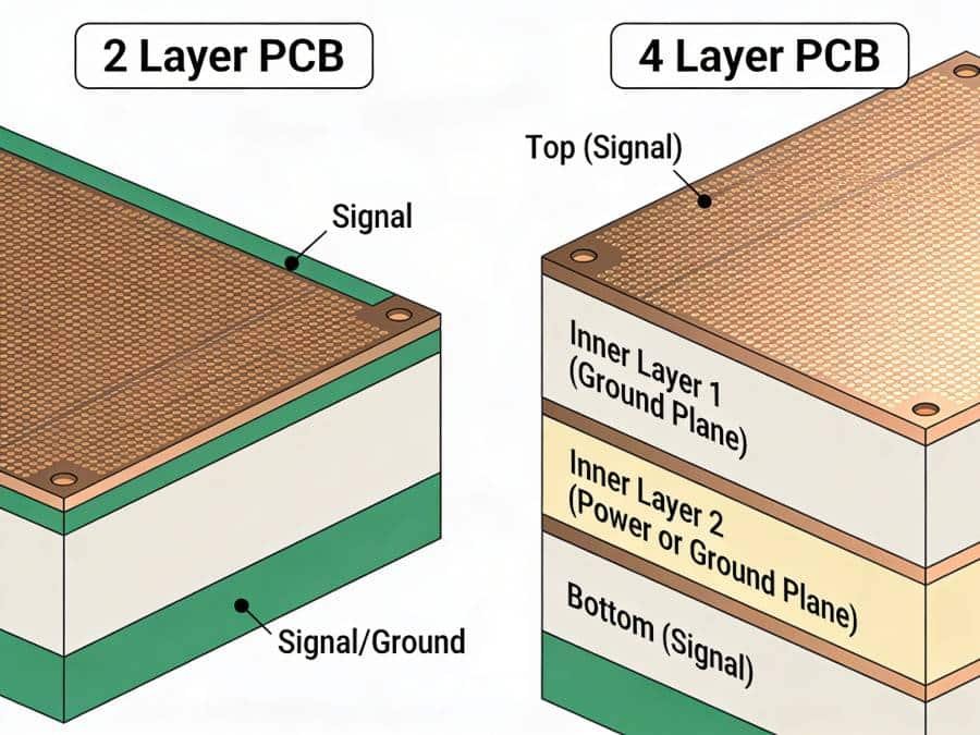 Cross-section comparison of 2 layer and 4 layer FR4 PCB stackups, showing a simple double-layer board with top and bottom copper next to a four-layer board with top and bottom signal layers and two inner ground/power planes separated by dielectric.