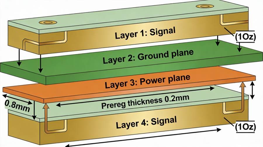 4 layer PCB stackup cross-section diagram showing Signal/Ground/Power/Signal layers with 1.6mm total thickness, 1oz copper, and return path arrows. Ideal for understanding standard 4 layer PCB stackup in moderate complexity designs.
