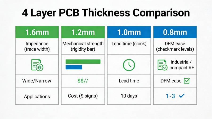 Infographic chart comparing 4 layer PCB thickness options 1.6mm, 1.2mm, 1.0mm, and 0.8mm by impedance trace width, mechanical strength, cost, lead time, DFM ease, and typical applications such as industrial control, compact IoT, and RF modules.