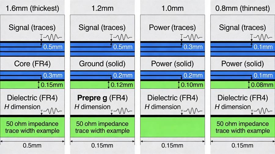 Infographic chart comparing 4 layer PCB thickness options 1.6mm, 1.2mm, 1.0mm, and 0.8mm by impedance trace width, mechanical strength, cost, lead time, DFM ease, and typical applications such as industrial control, compact IoT, and RF modules.