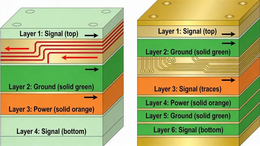 Side-by-side comparison of 4 layer vs 6 layer PCB stackups in cross-section: 4 layer (Signal/GND/PWR/Signal) vs 6 layer (Signal/GND/Signal/PWR/GND/Signal), showing layer structure, thicknesses, and signal flow for design selection.