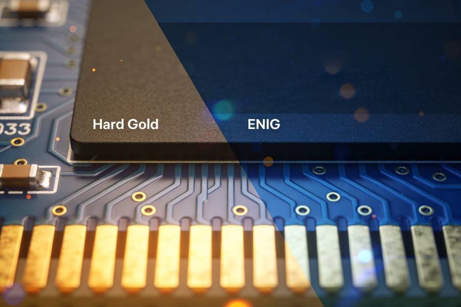 Blog cover showing a PCB edge connector with bright gold fingers split between hard gold and ENIG themed colors, illustrating a comparison of finishes for PCB gold fingers.