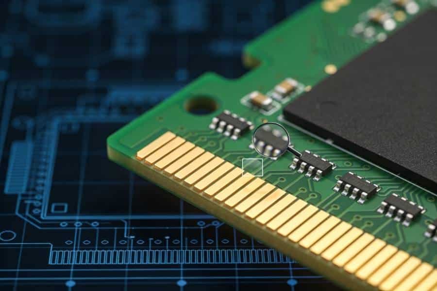 3D view of a green PCB with bright gold finger edge connector in the foreground and a blurred Gerber layout in the background, illustrating a DFM checklist review before sending gold finger PCB Gerber files.