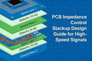 Blog cover showing a multilayer PCB stackup and controlled impedance traces for a high-speed stackup design guide.