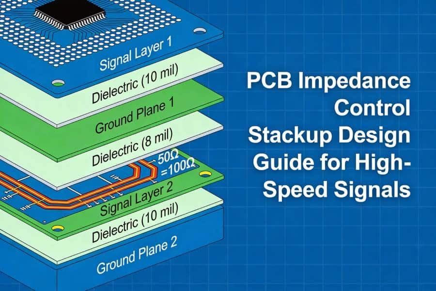 Blog cover showing a multilayer PCB stackup and controlled impedance traces for a high-speed stackup design guide.