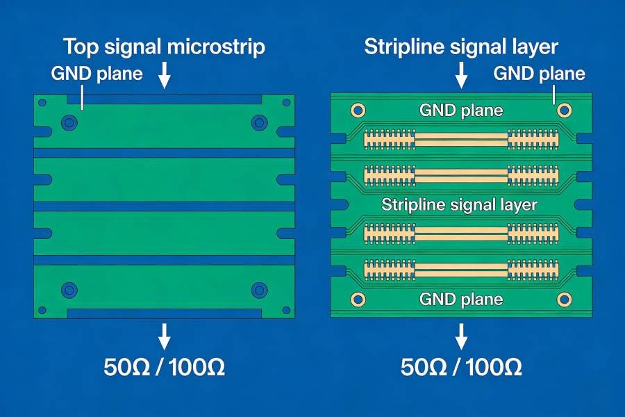 Comparison of a 4-layer PCB microstrip stackup and a 6-layer stripline stackup used for controlled impedance designs.