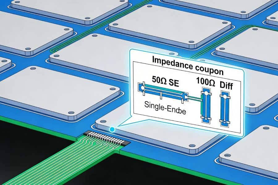Diagram of a PCB panel edge showing an impedance coupon with 50Ω single-ended and 100Ω differential test structures used to verify controlled impedance.