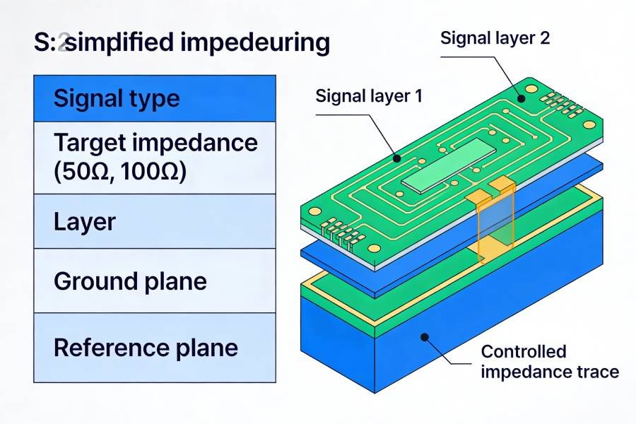 Illustration of a PCB impedance table and multilayer stackup used to specify controlled impedance requirements to a manufacturer.