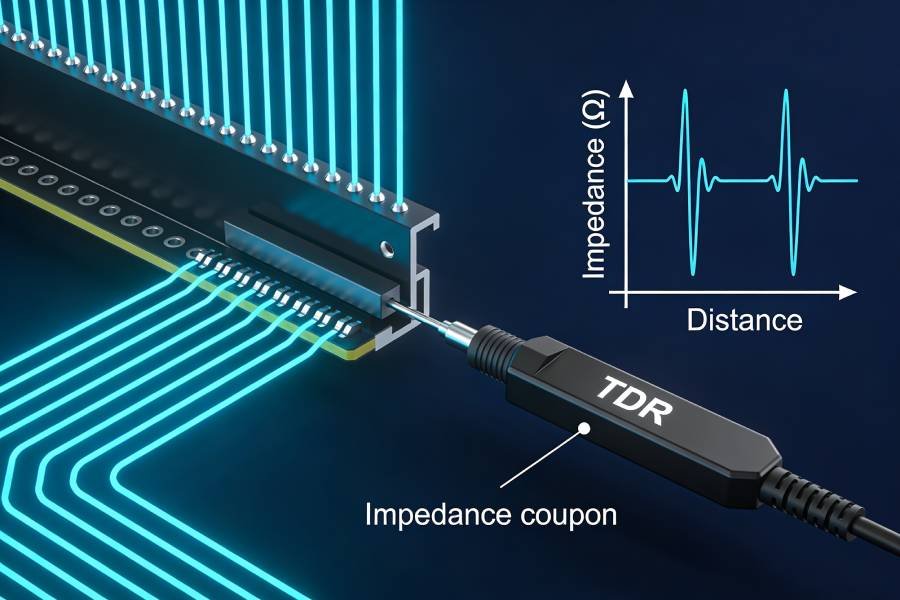 Technical illustration of TDR testing on a PCB impedance coupon to verify controlled impedance during manufacturing.