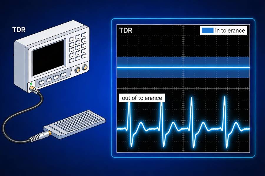 Illustration of TDR testing on a PCB impedance coupon with a waveform showing impedance versus distance for acceptable and out-of-tolerance results.