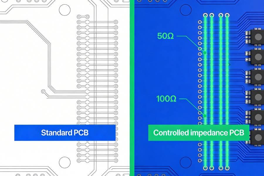 Side-by-side illustration comparing a standard low-speed PCB with generic traces and a controlled-impedance PCB with highlighted 50Ω single-ended and 100Ω differential pairs.