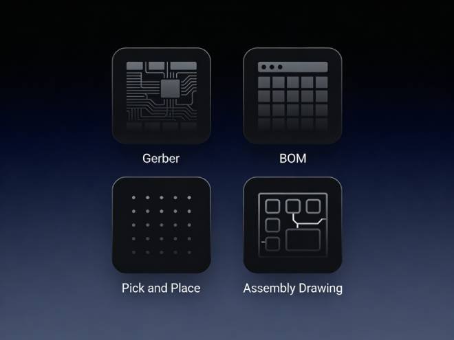 Dark theme mockup of essential files for PCB assembly quote including Gerber BOM pick and place and assembly drawings