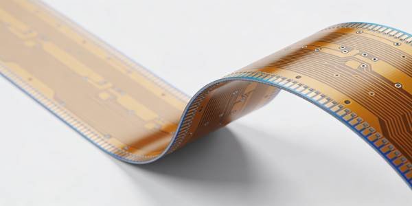 Flexible multilayer PCB in polyimide color gently curved to show bendability and fine traces.