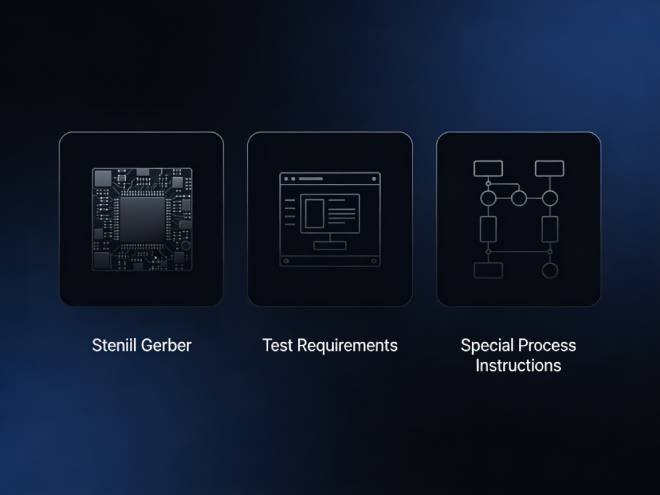 Dark theme mockup of optional helpful files for PCB assembly quote including stencil Gerber test requirements and special process instructions