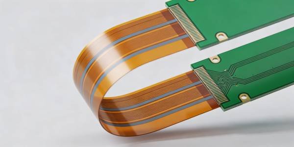 Rigid-flex multilayer PCB with green rigid sections connected by bent amber flex sections.
