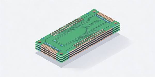 Rigid multilayer PCB with visible stacked layers, vias and pads shown in a clean isometric view.