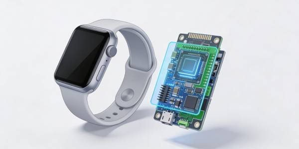 Wearable or compact electronic devices with a multilayer PCB shown to represent internal miniaturized circuitry.