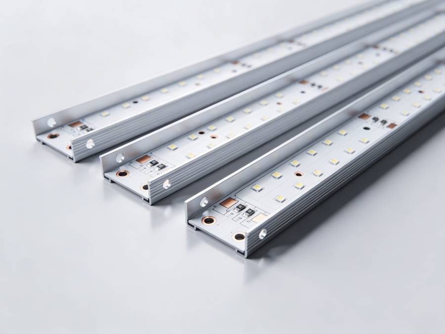 Close-up view of white aluminum PCBs for LED grow lights, showing copper pads and aluminum base for efficient heat dissipation.