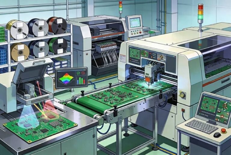 Automated Optical Inspection and Solder Paste Inspection systems scanning SMT assembled PCBs with inspection results displayed on monitors
