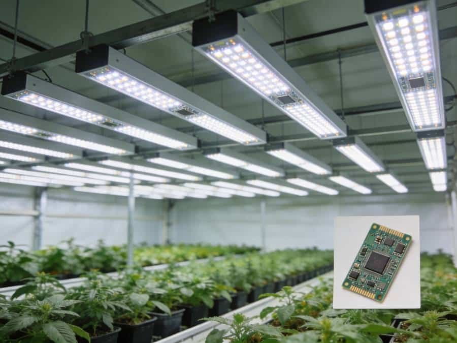 Commercial indoor cultivation room with multiple rows of plants under ceiling-mounted LED grow light fixtures, showing large-scale horticulture lighting applications.