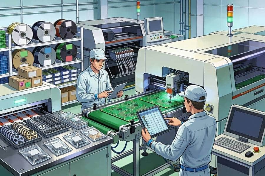 Consigned SMT PCB assembly where customer-supplied component kits are checked by engineers before loading onto the SMT assembly line