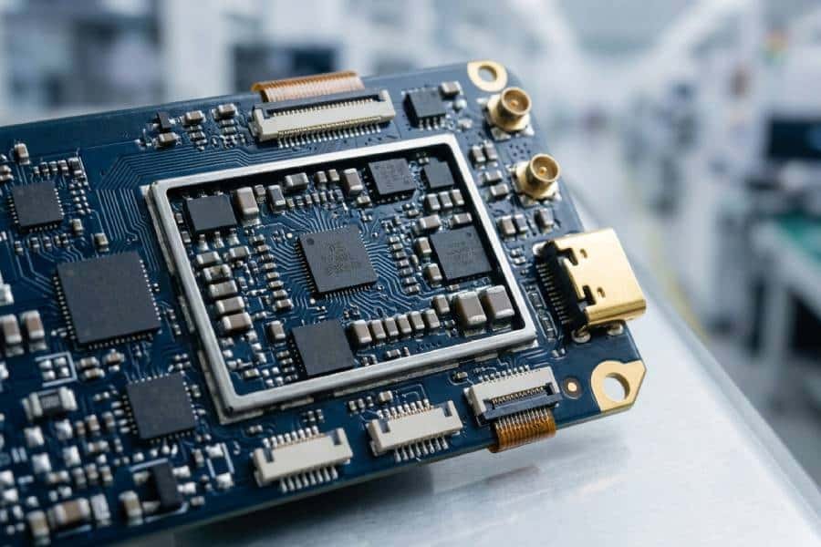 Compact consumer electronics PCB with densely packed SMT chips, capacitors and resistors on a clean surface
