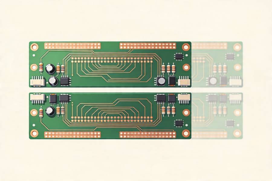 Double-sided 2-layer PCB board showing copper on both sides and basic components