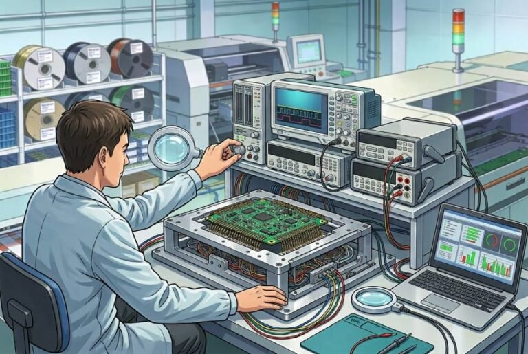 Electrical and functional testing of SMT assembled PCBs on a test bench with fixtures, oscilloscope and engineer monitoring results