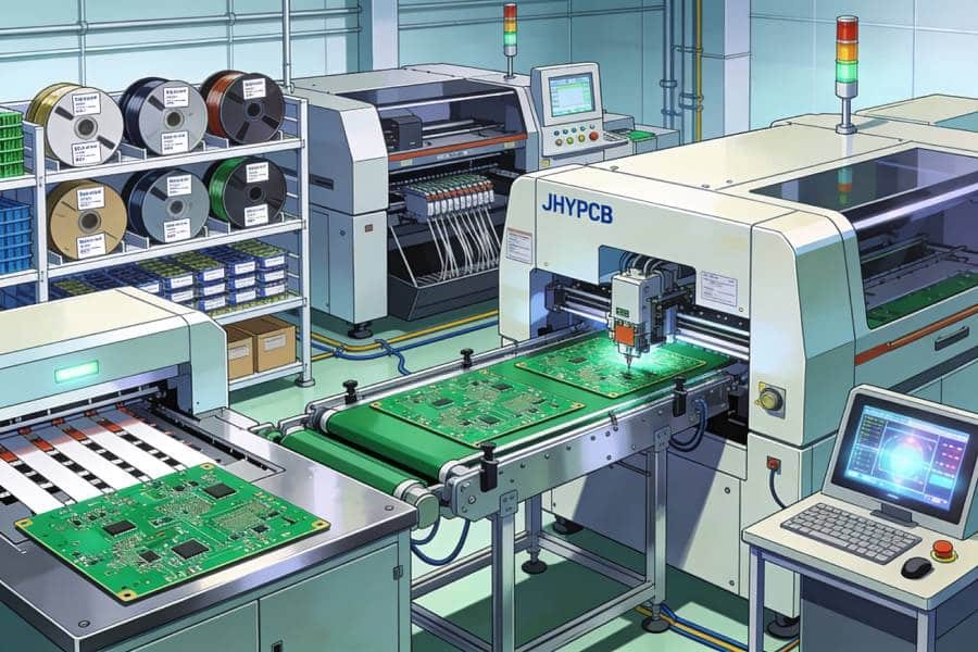 Full turnkey SMT PCB assembly one-stop service showing PCB fabrication, component sourcing, SMT assembly line and inspection in a single streamlined workflow