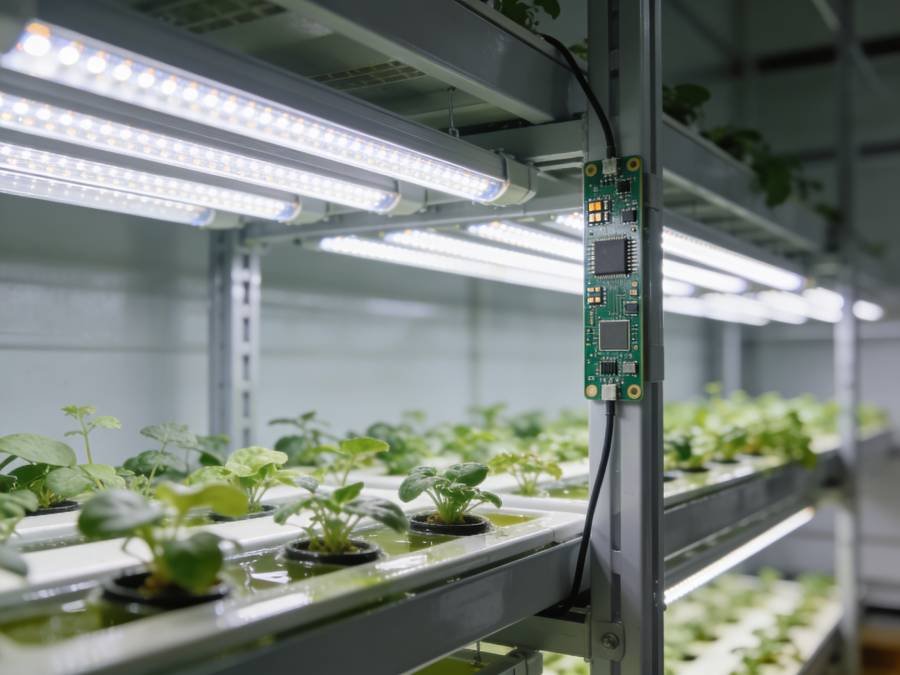 Indoor hydroponic growing setup with plants in nutrient channels illuminated by LED grow light fixtures, representing PCB-based grow light solutions.